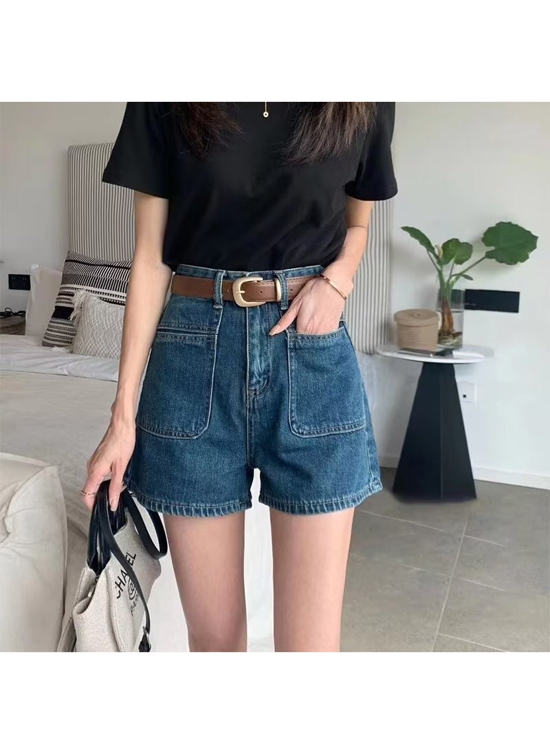 2023 Summer High-Waist Slim Denim Shorts Dark blue [no belt]]