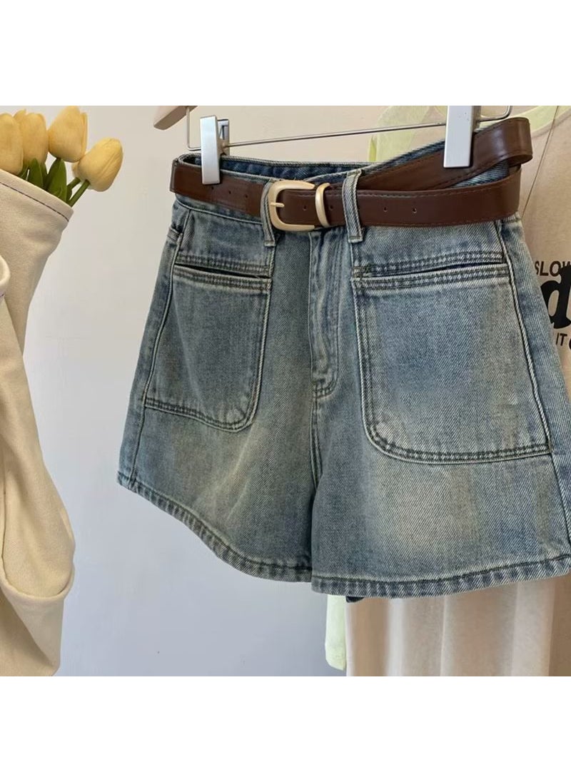 2023 Summer High-Waist Slim Denim Shorts Light blue [no belt]]