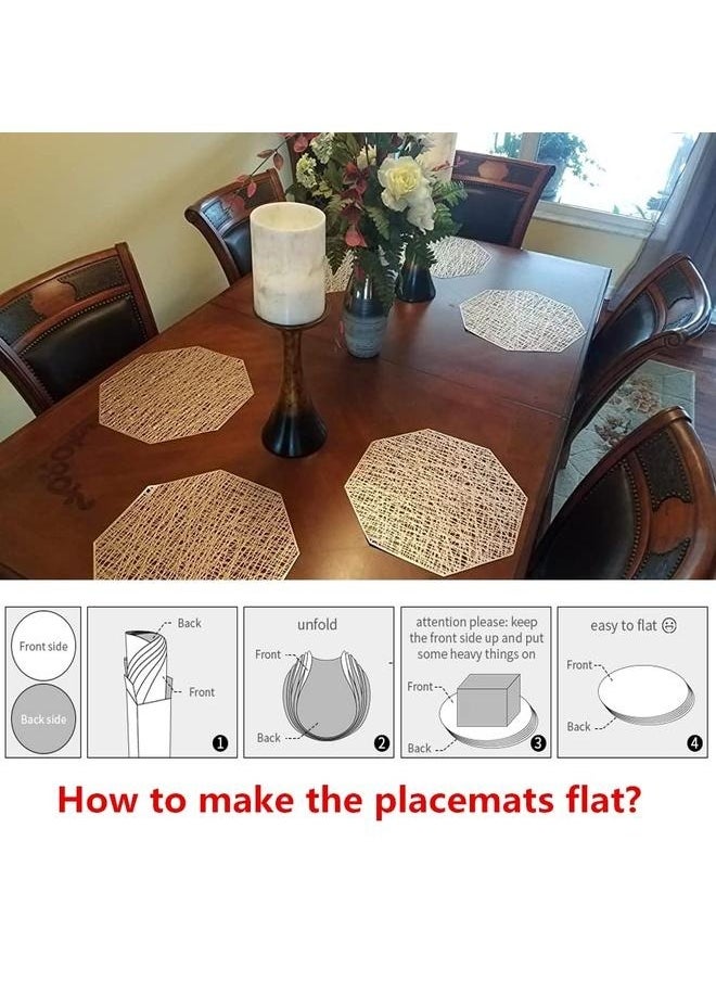 6-Piece Vinyl Dining Table Decorative Placemats Gold,Placemats 38cm Pressed Vinyl Round Table Mates for Dining Table, Washable and Wipeable Kitchen Place Mat for Holiday Wedding Dinner Table Decoration Mat