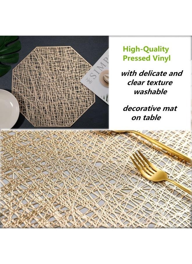 6-Piece Vinyl Dining Table Decorative Placemats Gold,Placemats 38cm Pressed Vinyl Round Table Mates for Dining Table, Washable and Wipeable Kitchen Place Mat for Holiday Wedding Dinner Table Decoration Mat