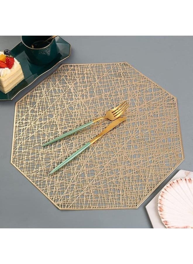 6-Piece Vinyl Dining Table Decorative Placemats Gold,Placemats 38cm Pressed Vinyl Round Table Mates for Dining Table, Washable and Wipeable Kitchen Place Mat for Holiday Wedding Dinner Table Decoration Mat