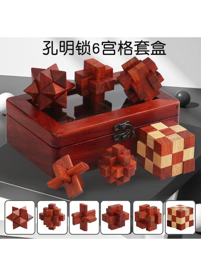 1 x 5 pcs Wooden Kongming Luban Lock Brain Teaser Puzzle Toy Redwood Flip Box Set of Six (4.5cm)