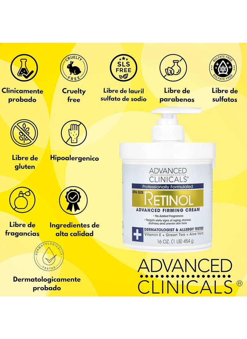 Advanced Clinicals Retinol Advanced Firming Cream for Face and Body - Spa Size 16 oz - Targets Fine Lines, Wrinkles, Dryness, and Uneven Skin Tone - Infused with Vitamin E, Green Tea, and Aloe Vera - Dermatologist & Allergy Tested