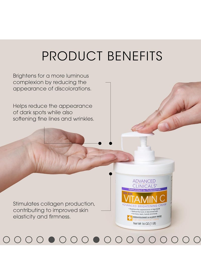 Advanced Clinicals Vitamin C Cream Face & Body Lotion Moisturizer | Anti Aging Skin Care Firming & Brightening Cream For Body, Face, Uneven Skin Tone, Wrinkles, & Sun Damaged Dry Skin, 16 Oz