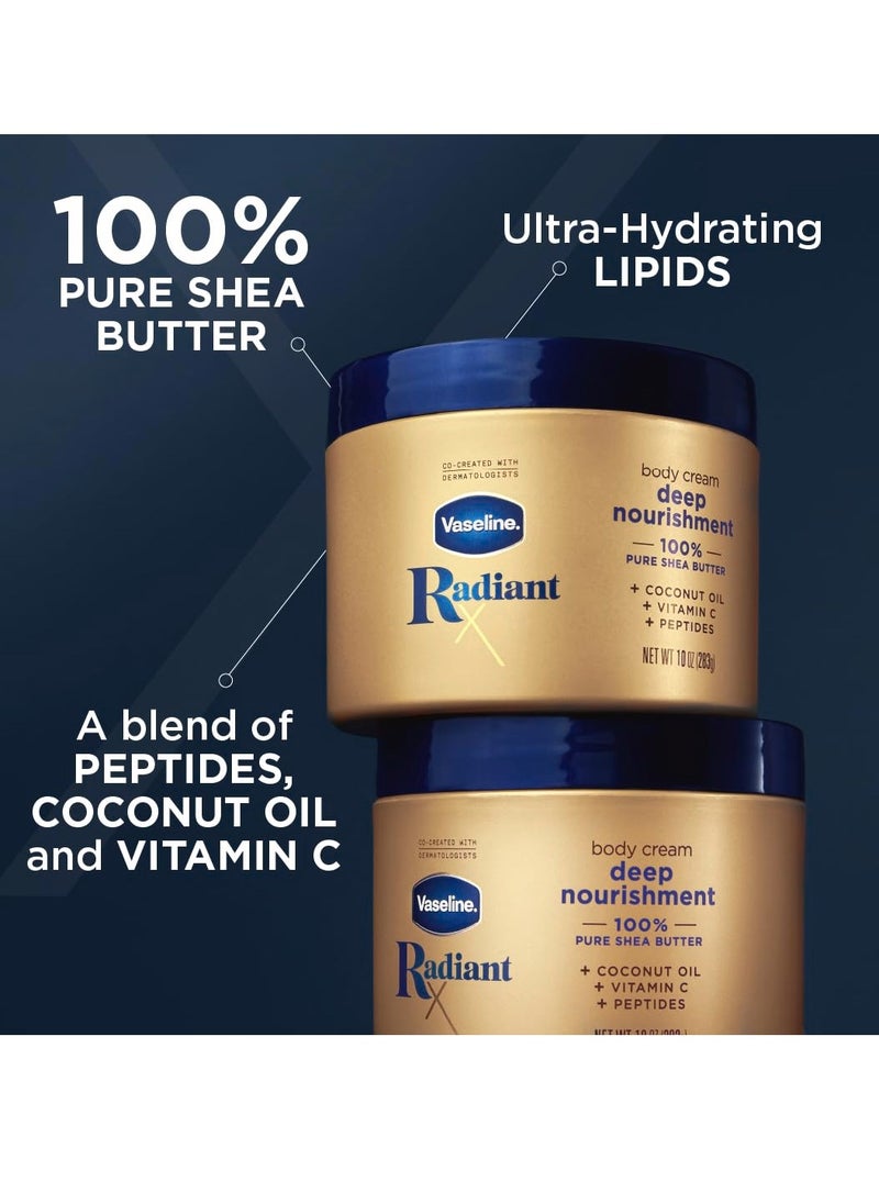 Vaseline Radiant X Deep Nourishment Body Cream 100% Pure Shea Butter, Coconut Oil, Vitamin C, & Peptides 10 oz