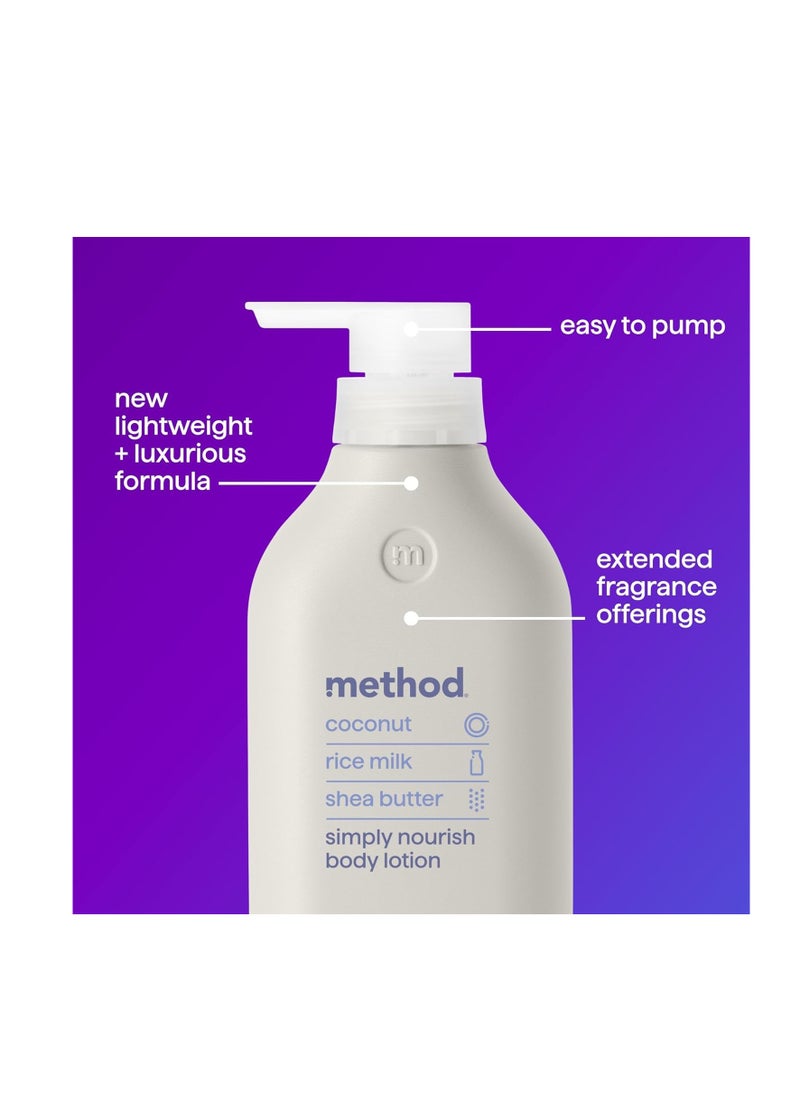 Method Body Lotion, Simply Nourish, Coconut, Rice Milk + Shea Butter notes, 24 Hours of Moisture 14 oz