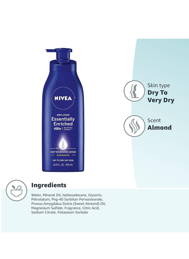 NIVEA Essentially Enriched Body Lotion for Dry Skin, 48-Hour Moisturizing Lotion with Deep Nourishing Serum and Almond Oil, 16.9 Fl Oz Pump Bottle