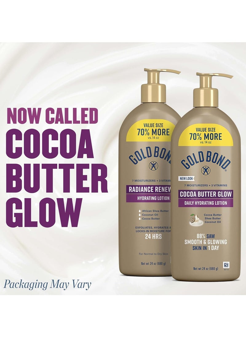 Gold Bond Cocoa Butter Glow Daily Hydrating Lotion with Shea Butter, Cocoa Butter & Coconut Oil, Exfoliating Moisturizer for Dry Skin, 24 oz.