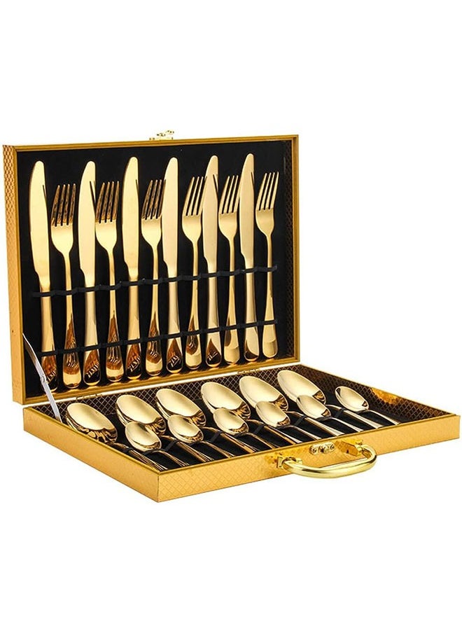 24 pieces Stainless Steel Cutlery Set Gold with Premium Wooden Box,Mirror Polished Flatware Set,Serve for 6,Including Knife/Fork/Spoon/Teaspoon(Gold)