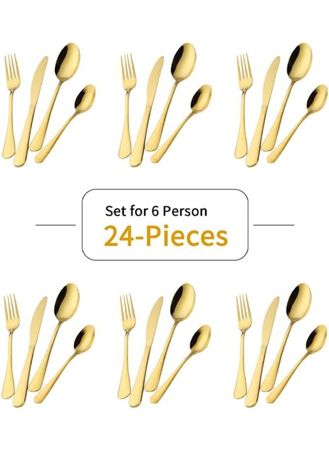 24 pieces Stainless Steel Cutlery Set Gold with Premium Wooden Box,Mirror Polished Flatware Set,Serve for 6,Including Knife/Fork/Spoon/Teaspoon(Gold)