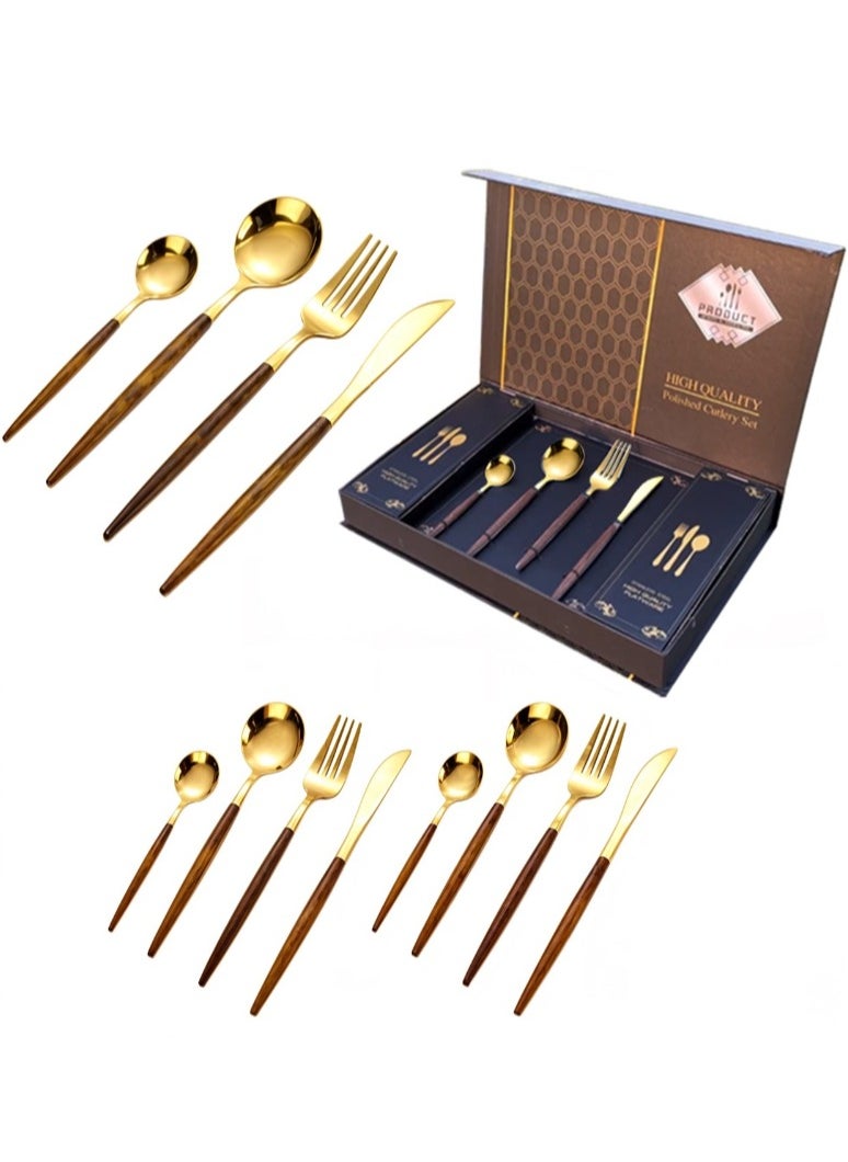 Luxury Gold-Plated Cutlery Set with premium Wooden Handles – 12-Piece Stainless Steel Flatware (3 Complete Place Settings: Knife, Fork, Spoon, Teaspoon) for Elegant Dining & Special Occasions