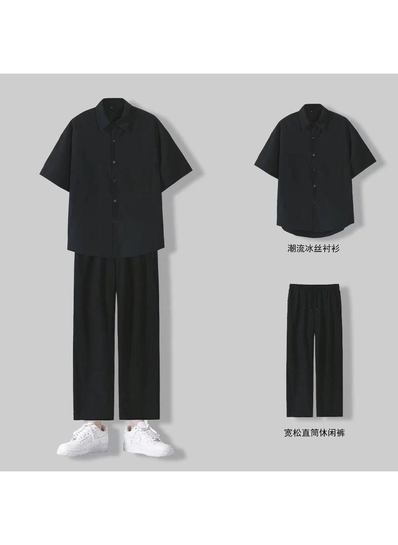 1 x 5 pcs Summer Mens Casual Shirt  Wide-Leg Pants Set Black