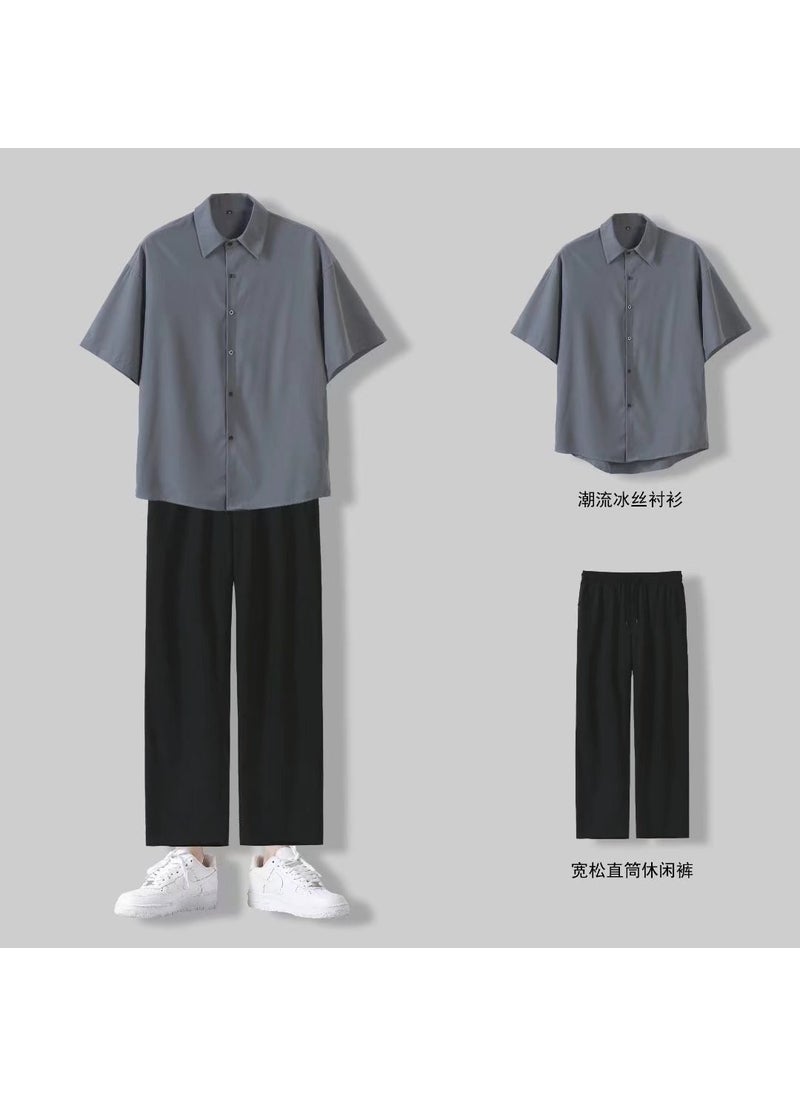 1 x 5 pcs Summer Mens Casual Shirt  Wide-Leg Pants Set Grey