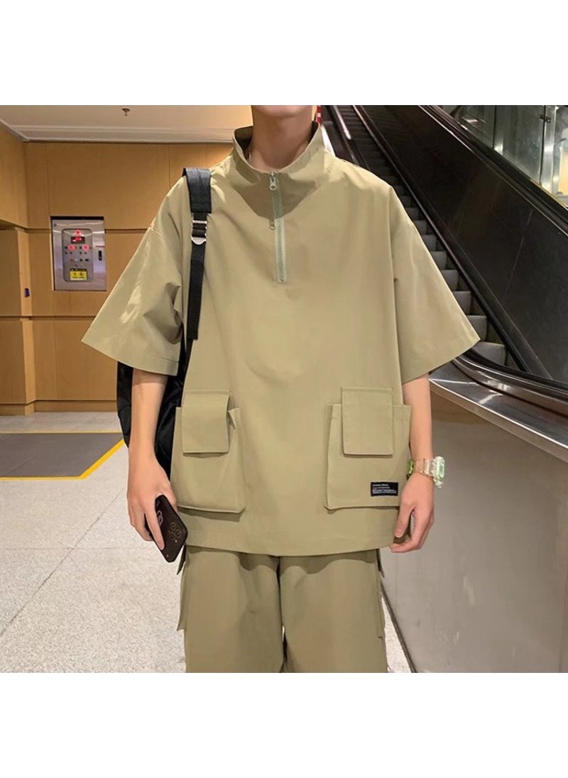 1 x 5 pcs Summer Couple Tee Set Casual Loose Two-Piece Outfit Khaki