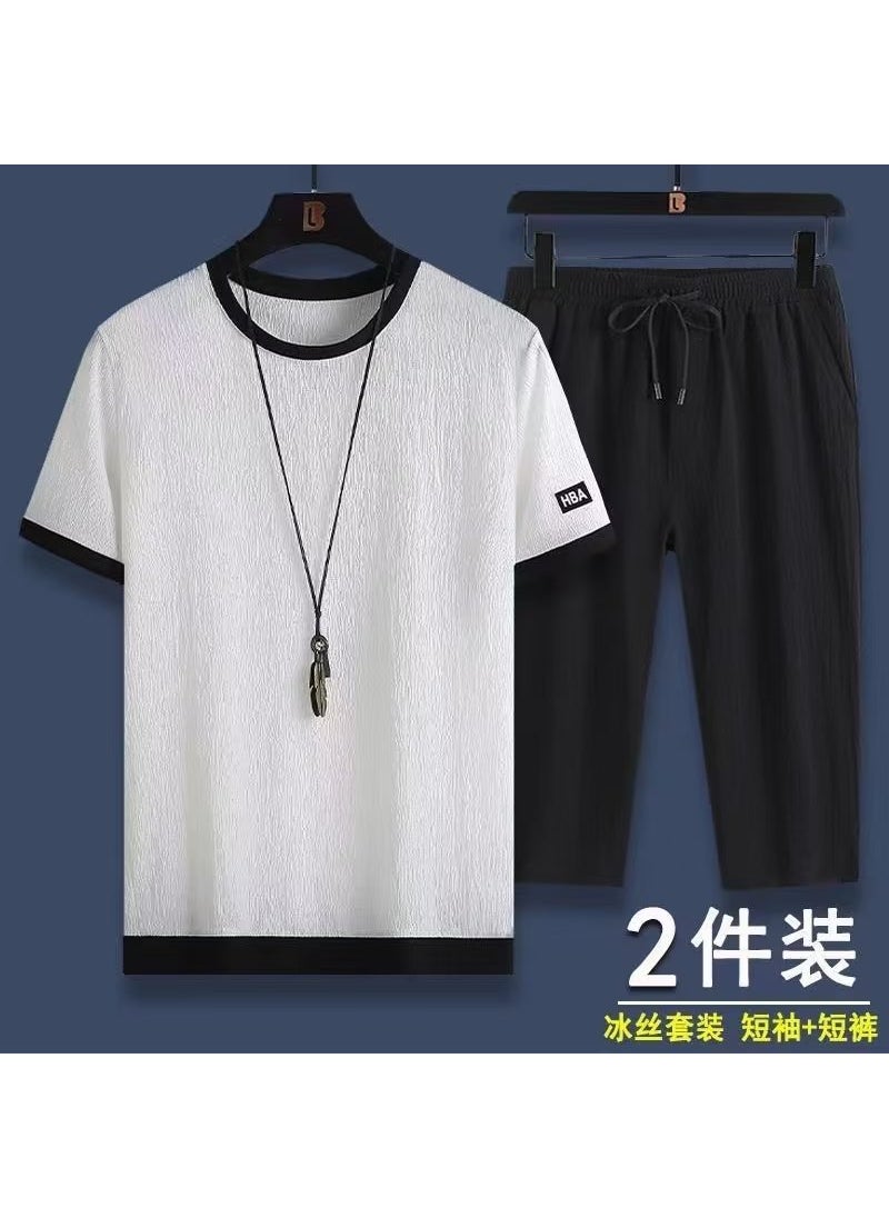 Summer Mens Casual Sports Set Breathable Tee Shorts White