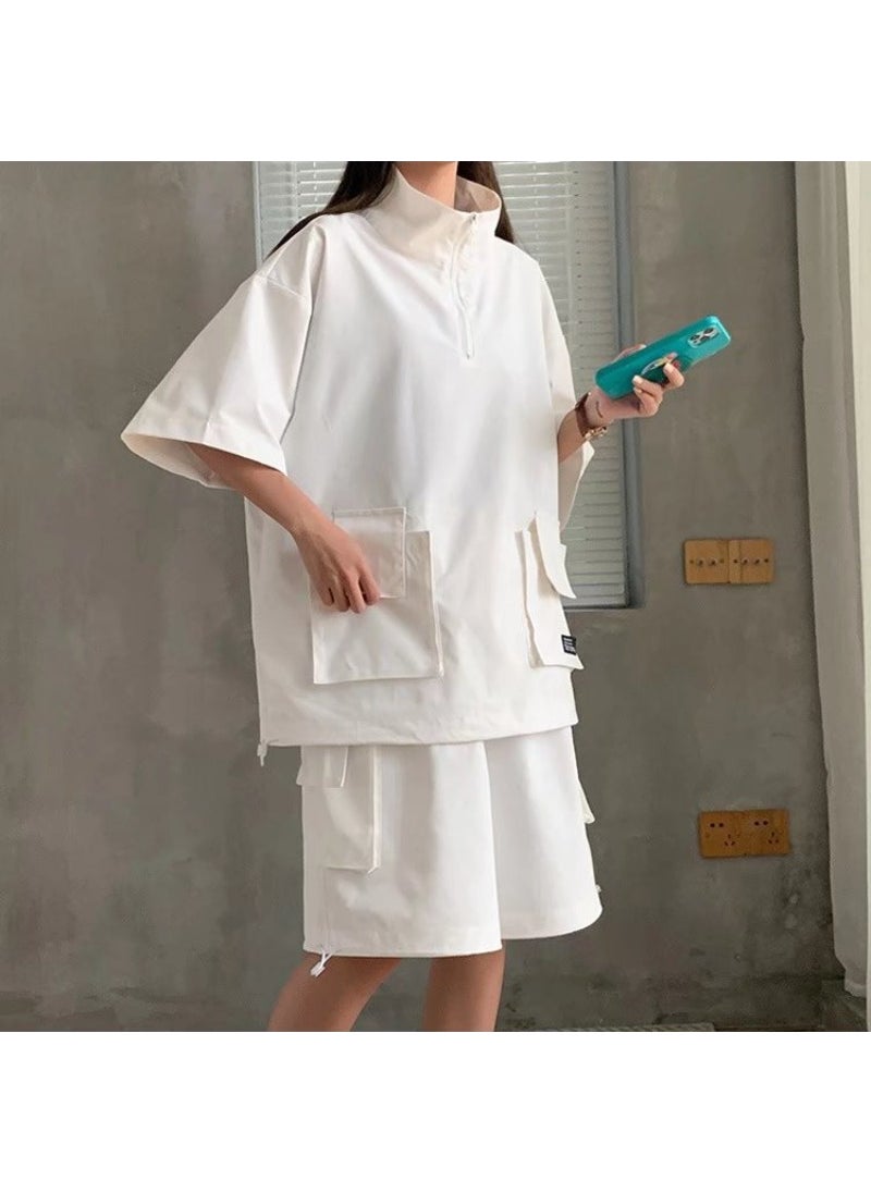 1 x 5 pcs Summer Couple Tee Set Casual Loose Two-Piece Outfit White