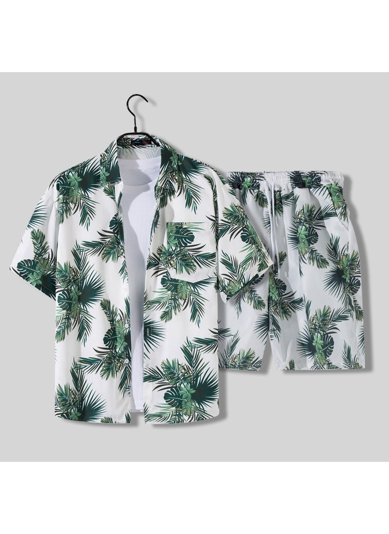 Mens Loose Hawaiian Beach Shirt Shorts Set White (shorts)