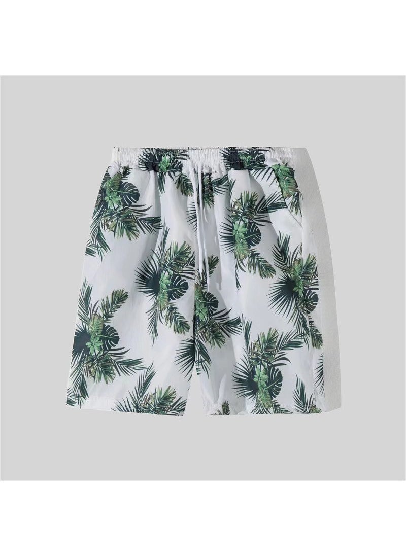 Mens Loose Hawaiian Beach Shirt Shorts Set White (shorts)