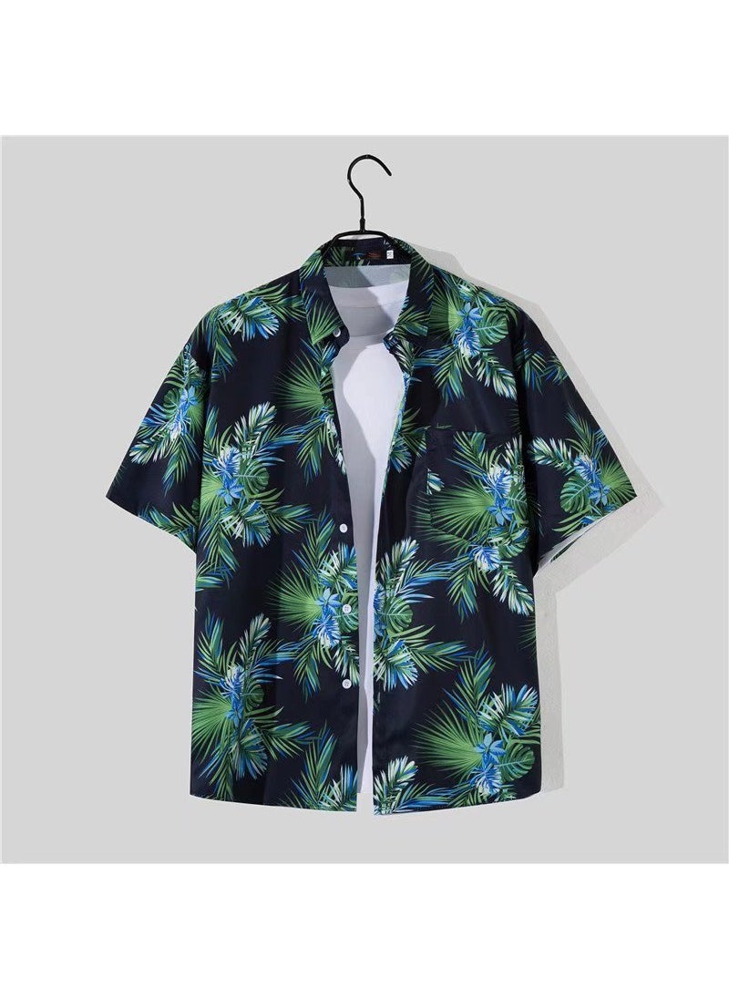 Mens Loose Hawaiian Beach Shirt Shorts Set Navy (shirt)