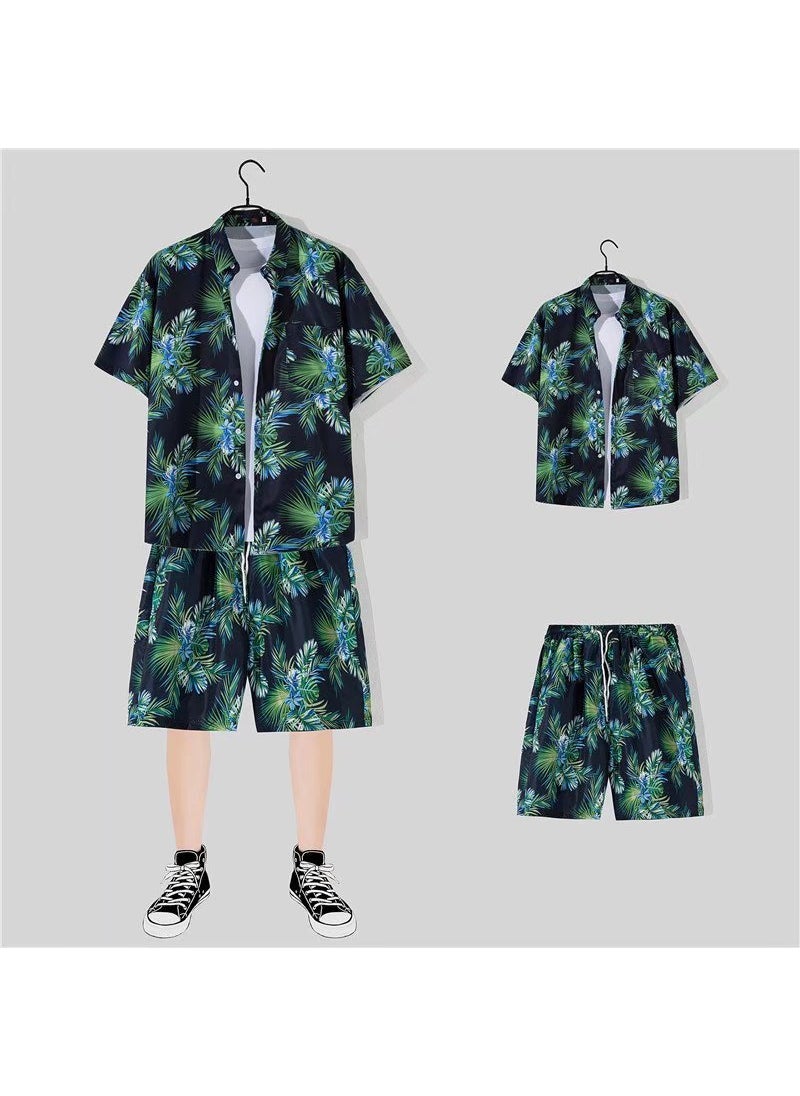 Mens Loose Hawaiian Beach Shirt Shorts Set Navy (shirt)