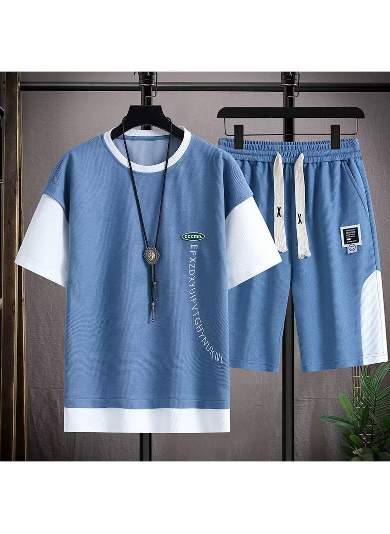 Mens Casual Waffle-Knit Tee and Shorts Set K05 Blue