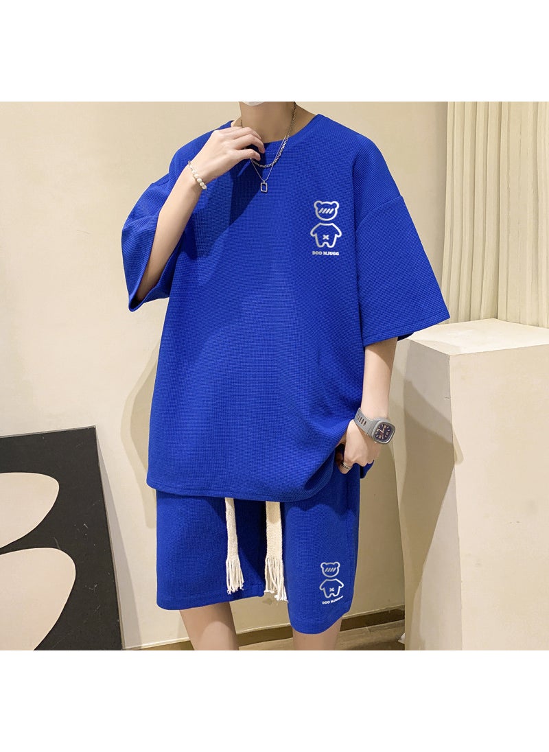 Summer Waffle Knit Mens Bear Tee and Shorts Set Klein Blue