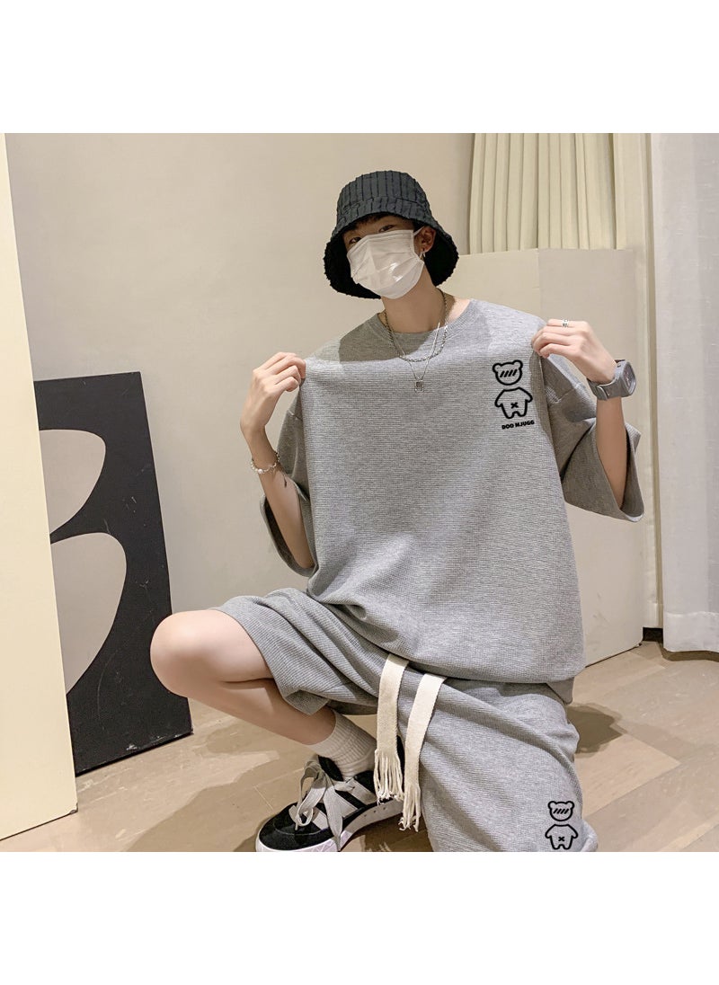 Summer Waffle Knit Mens Bear Tee and Shorts Set Black