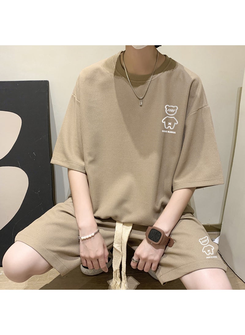 Summer Waffle Knit Mens Bear Tee and Shorts Set Black