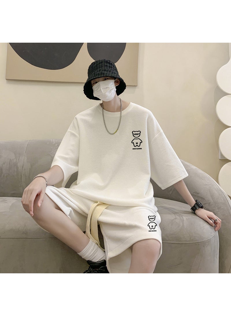 Summer Waffle Knit Mens Bear Tee and Shorts Set Black