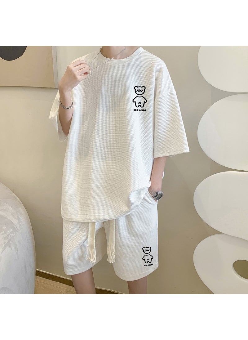 Summer Waffle Knit Mens Bear Tee and Shorts Set Black