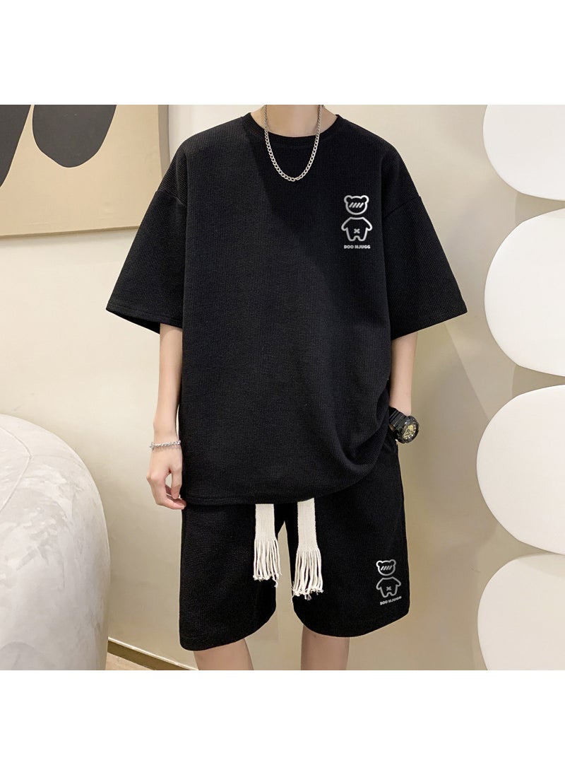 Summer Waffle Knit Mens Bear Tee and Shorts Set Black