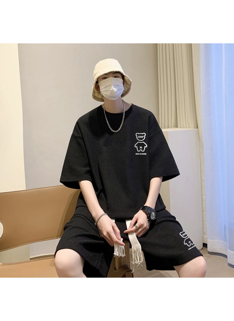 Summer Waffle Knit Mens Bear Tee and Shorts Set Black