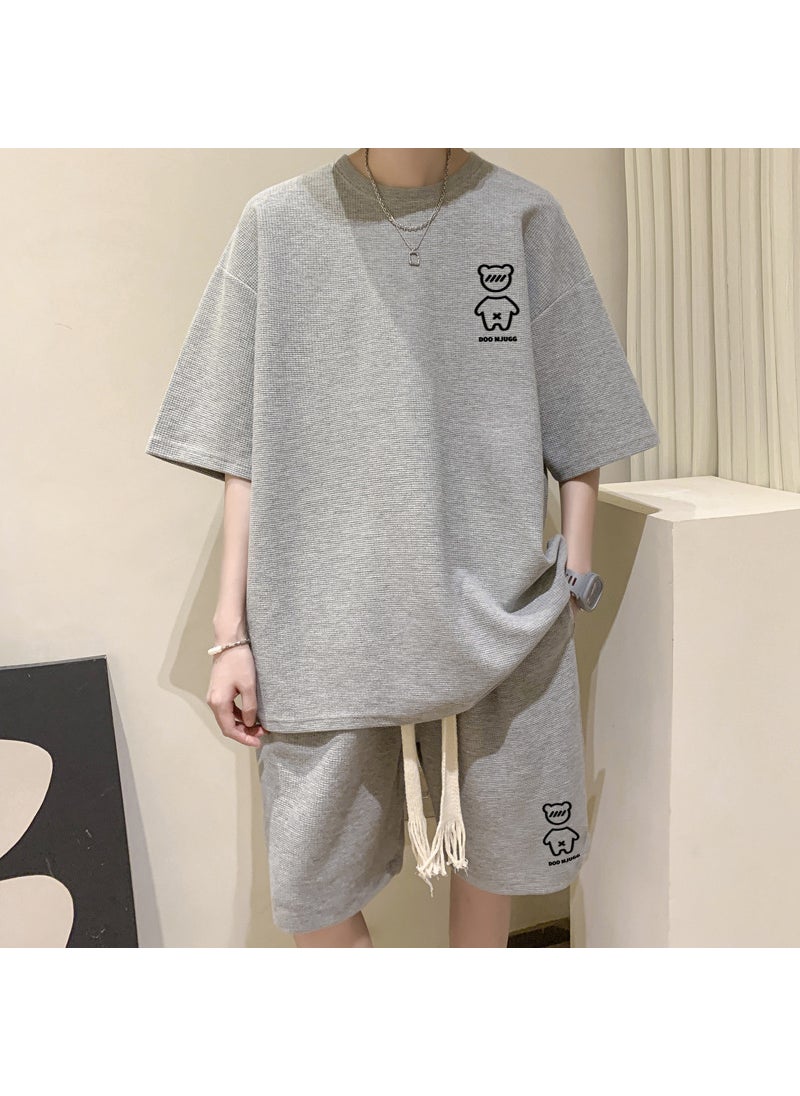 Summer Waffle Knit Mens Bear Tee and Shorts Set Black