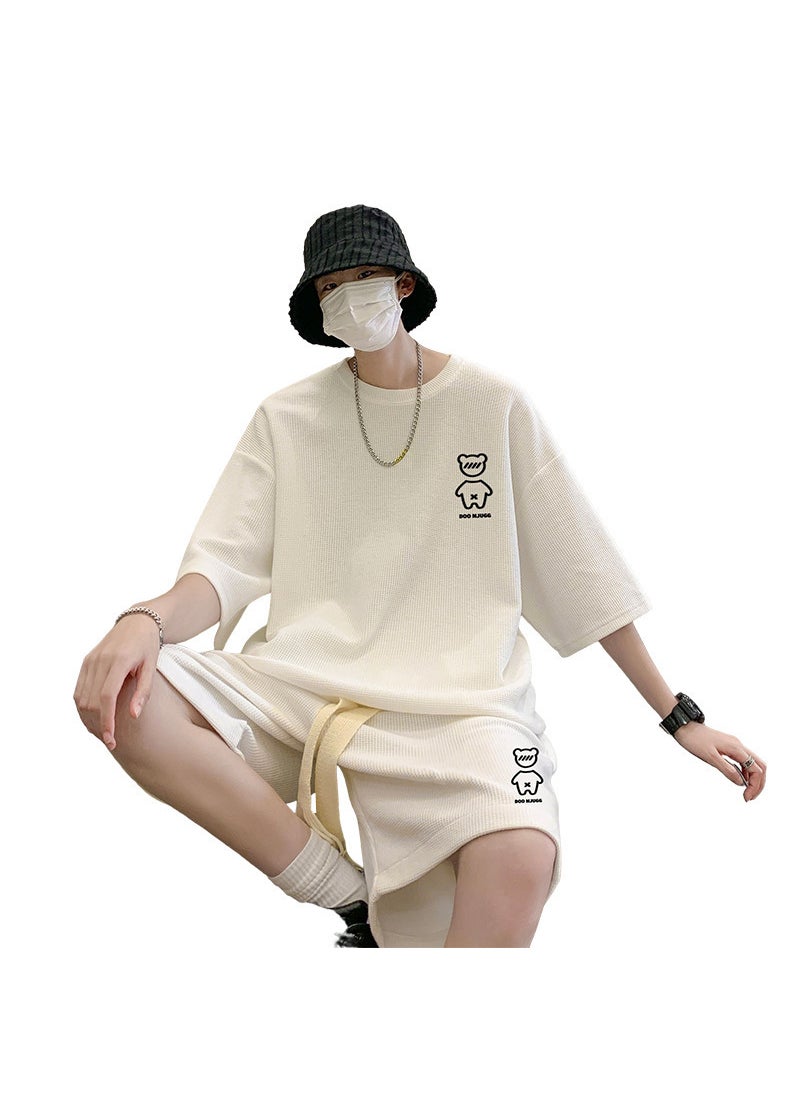 Summer Waffle Knit Mens Bear Tee and Shorts Set Light gray