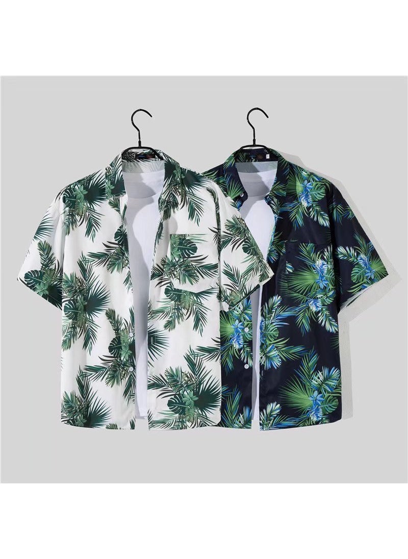 Mens Loose Hawaiian Beach Shirt Shorts Set Navy (set)