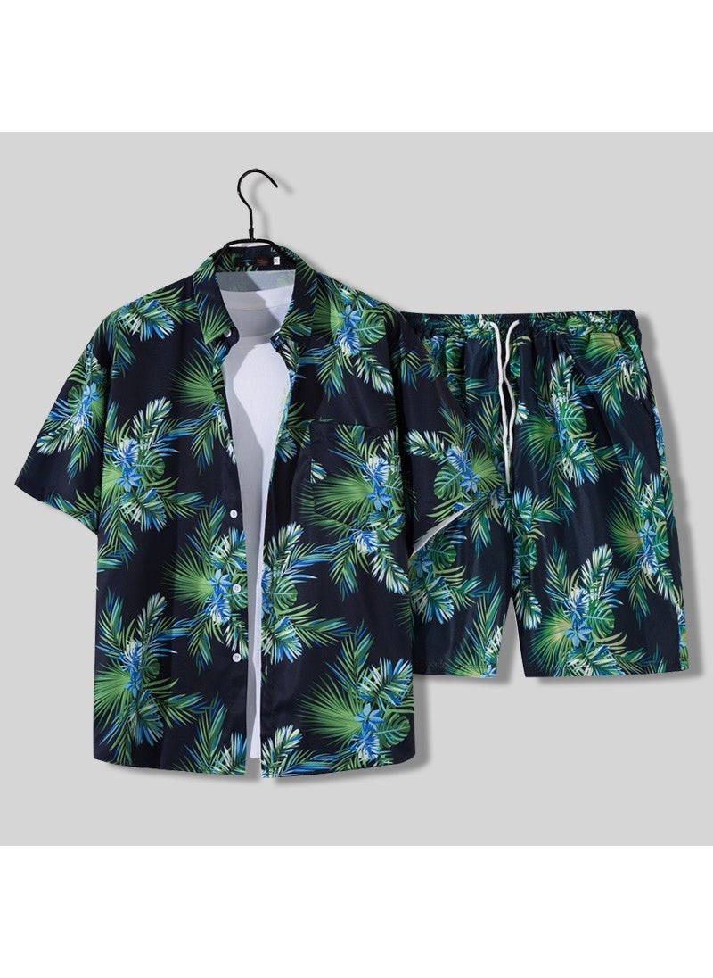 Mens Loose Hawaiian Beach Shirt Shorts Set Navy (set)