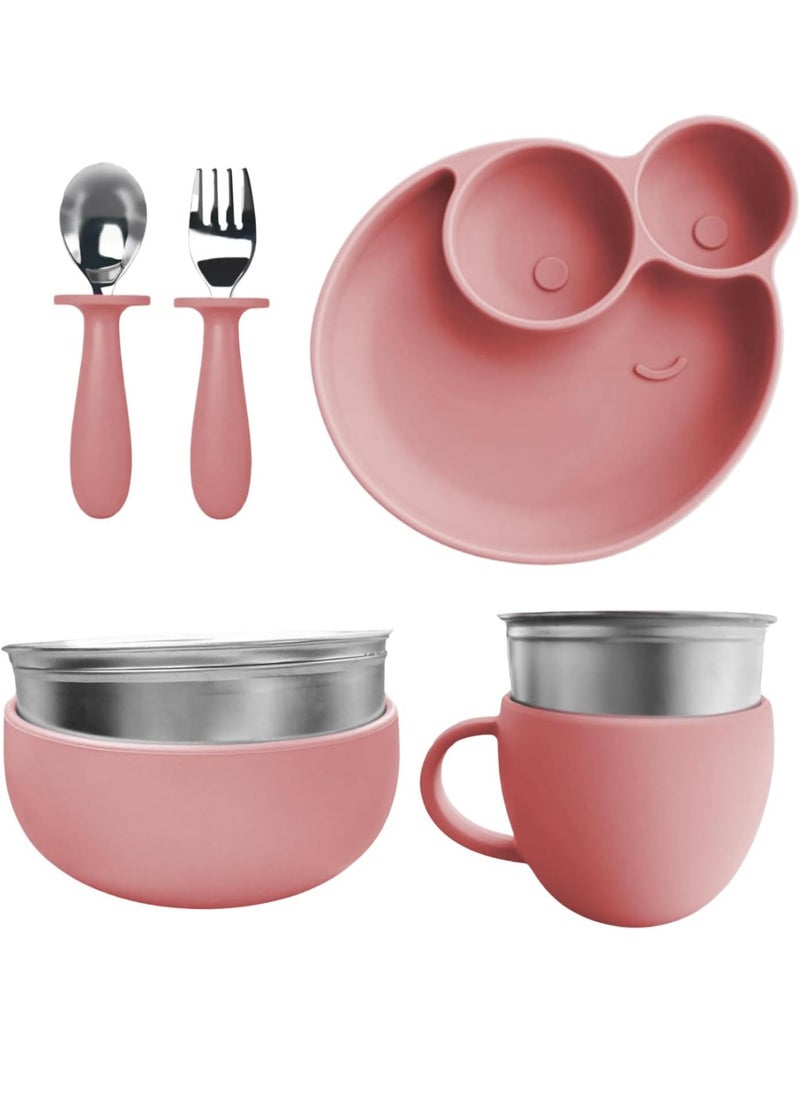 Silicone Baby Feeding Set, Baby & Toddler Feeding Supplies for Self Eating, Set of 7 Utensils Include Suction Baby Plate, Baby Spoon, Fork, Cup and Baby Bowl, Rose