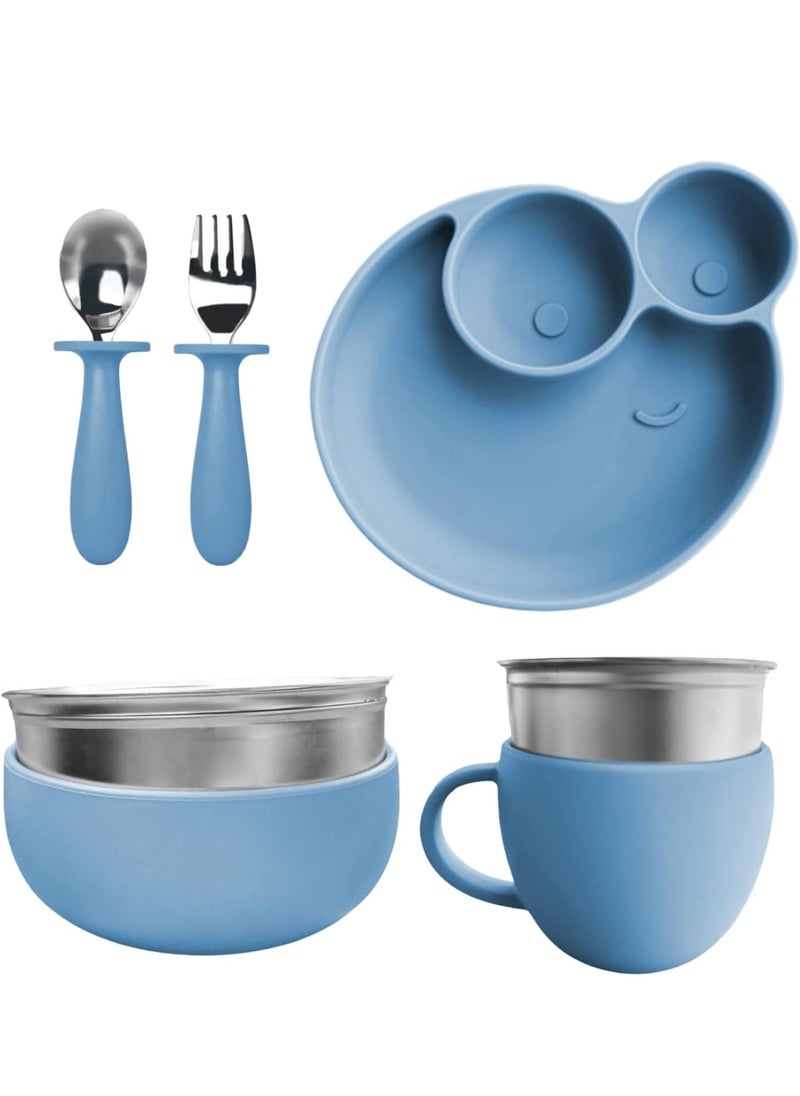 Silicone Baby Feeding Set, Baby & Toddler Feeding Supplies for Self Eating, Set of 7 Utensils Include Suction Baby Plate, Baby Spoon, Fork, Cup and Baby Bowl, Blue