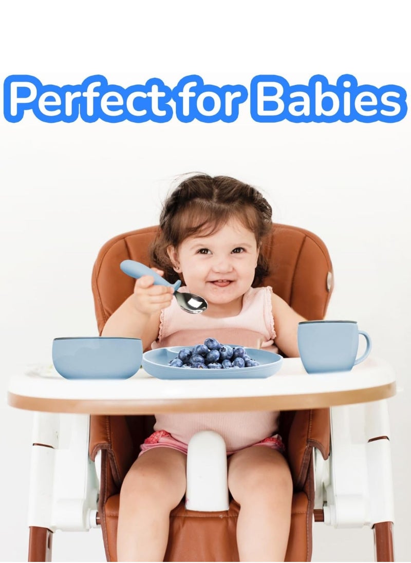 Silicone Baby Feeding Set, Baby & Toddler Feeding Supplies for Self Eating, Set of 7 Utensils Include Suction Baby Plate, Baby Spoon, Fork, Cup and Baby Bowl, Blue