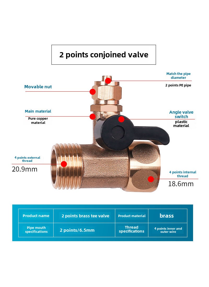 Water Purifier Inlet Connector 4 to 3/2 2-point pure copper integrated three-way valve (nut)