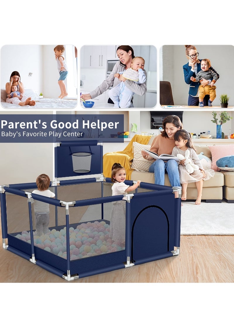 Happy Game Fence Portable Playpen for Children Safety Playpen for Kids Blue Playpen Indoor and Outdoor Use Folding Fence for Toddlers Easy Fold Safety Play Yard for Baby Enclosed Pen for Small Children Yard Pen for Kids Safe Baby Corral Crib Divider Exercise Pen for Toddler With 30 Balls