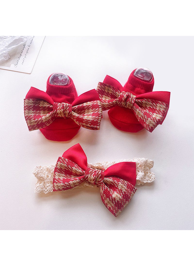 1 x 5 pcs Cute Newborn Socks and Headband Set Cartoon Korean Style Baby Accessories Plaid Patchwork Bow Combination