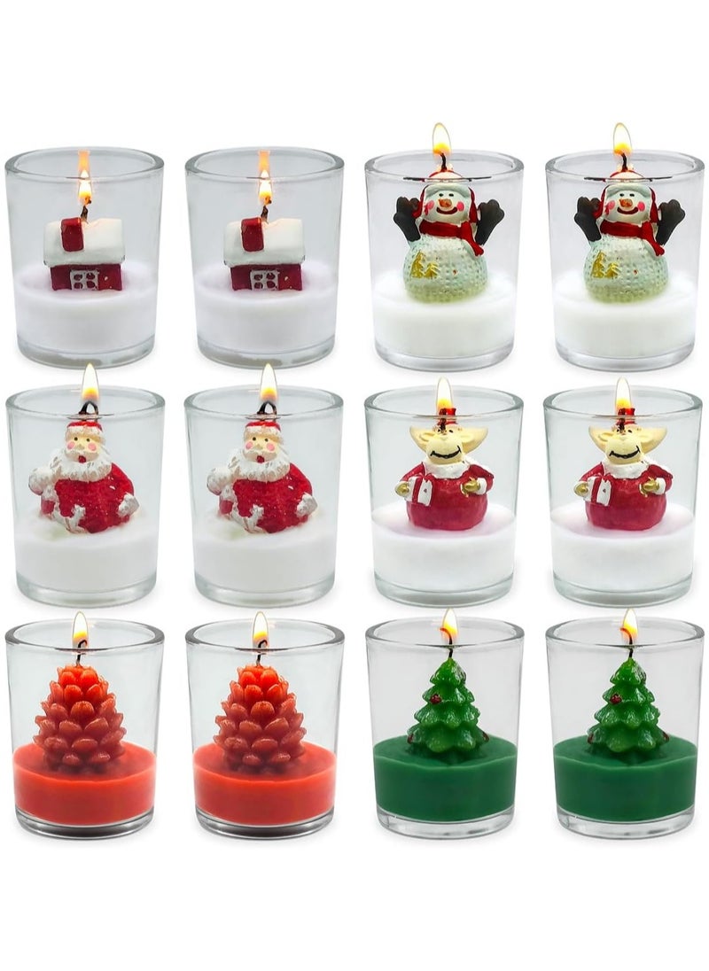 12-Pack Christmas Glass Votive Candles - Festive Decor Set with Santa, Snowman, Pinecone, Cedar, Elk and House Designs - Good for Xmas Holiday Decorations, Parties and Giftsc