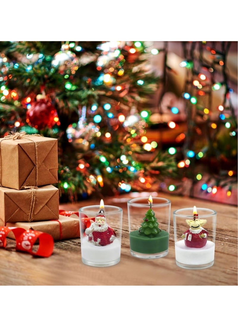 12-Pack Christmas Glass Votive Candles - Festive Decor Set with Santa, Snowman, Pinecone, Cedar, Elk and House Designs - Good for Xmas Holiday Decorations, Parties and Giftsc