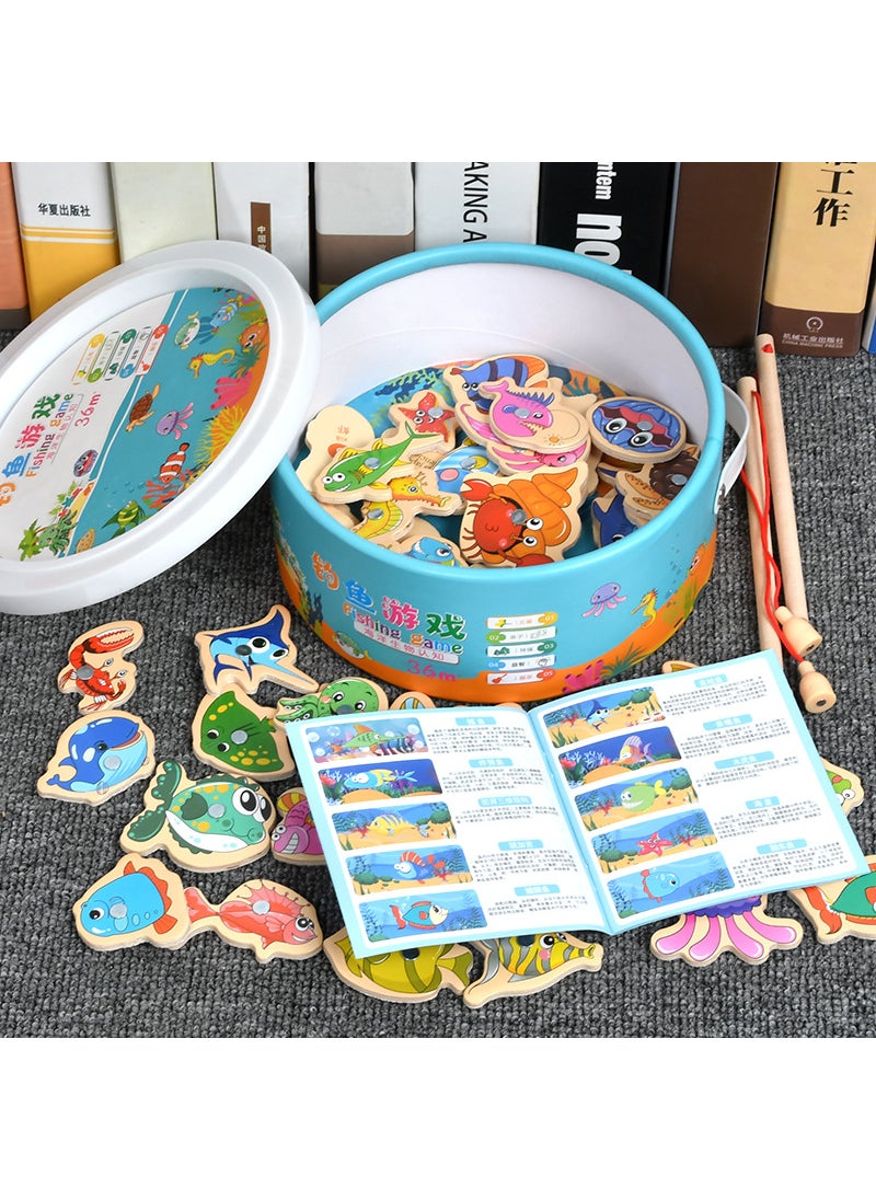 Factory wholesale wooden magnetic fish Young Children Baby hands-on parent-child game kindergarten materials fishing toys 51 barreled manuals