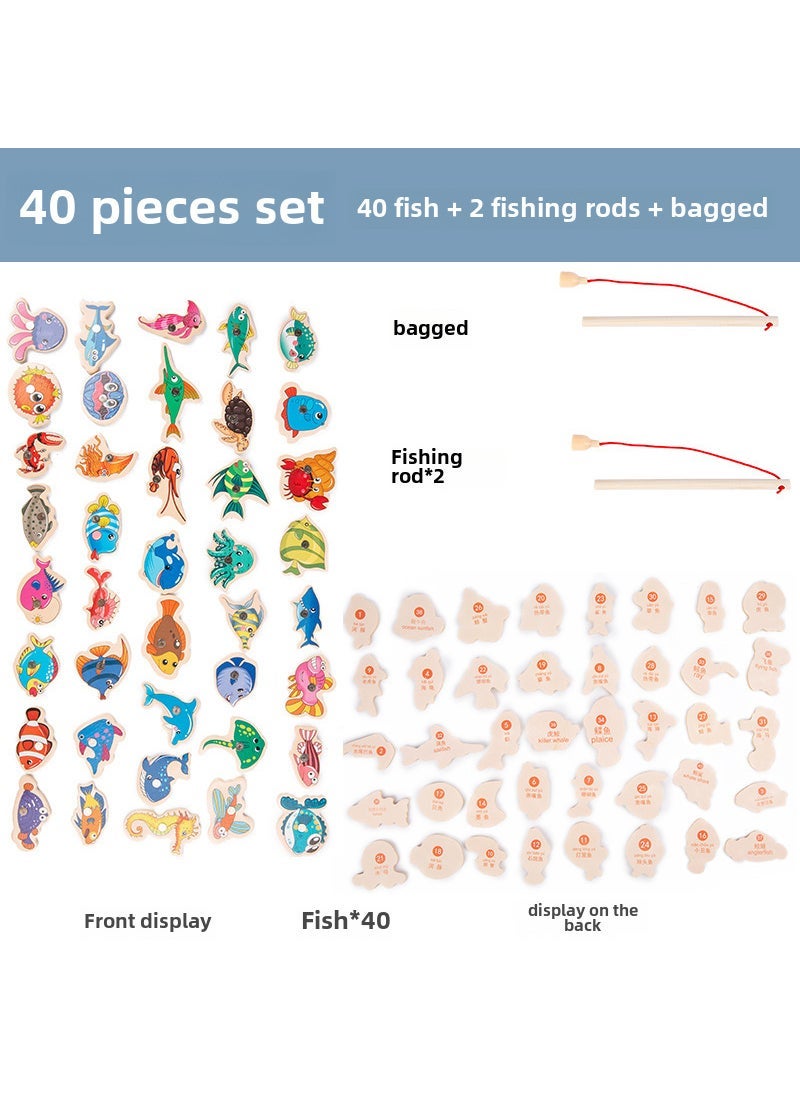 Wooden Magnetic Fishing Game for Kids Bagged 40 bars 2 poles