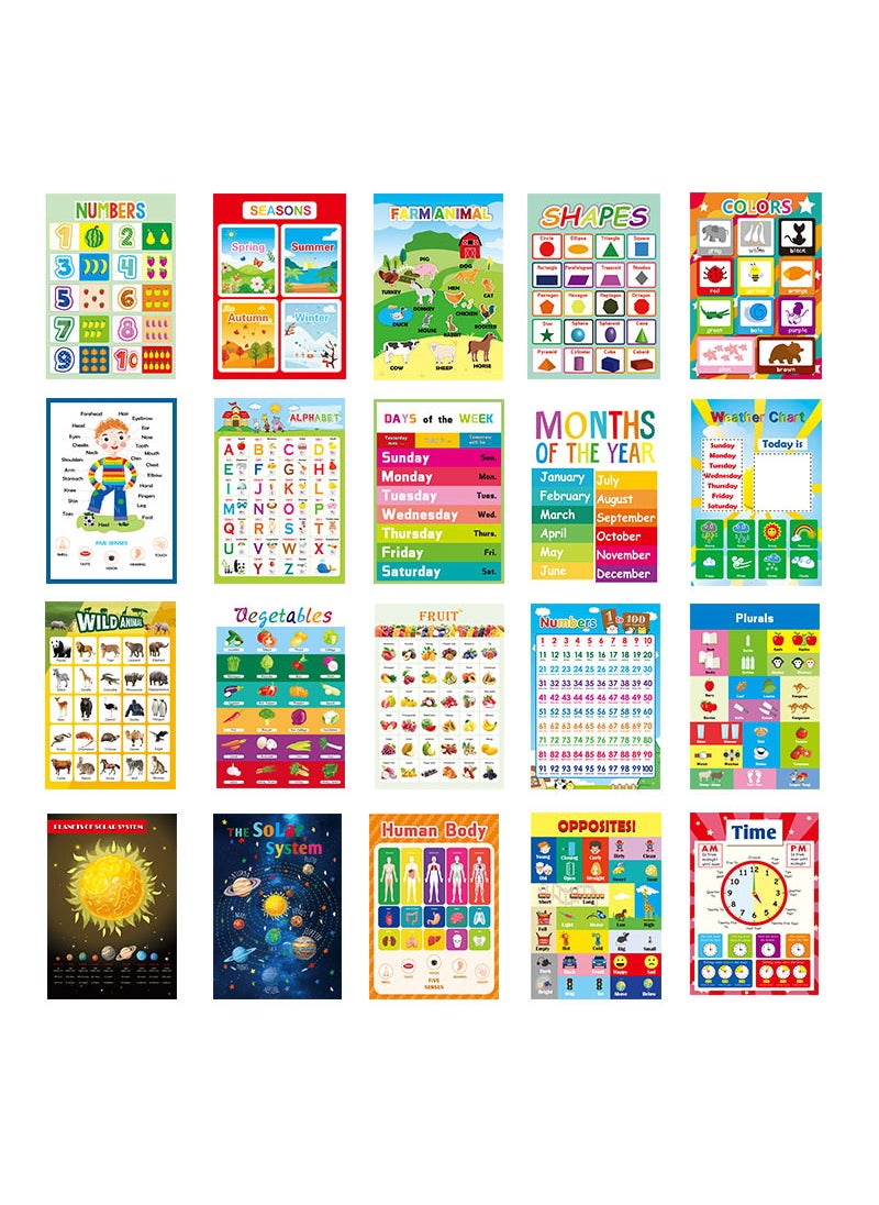 1 x 5 pcs Kids Educational Cartoon Wall Charts 20 sheets of basic items