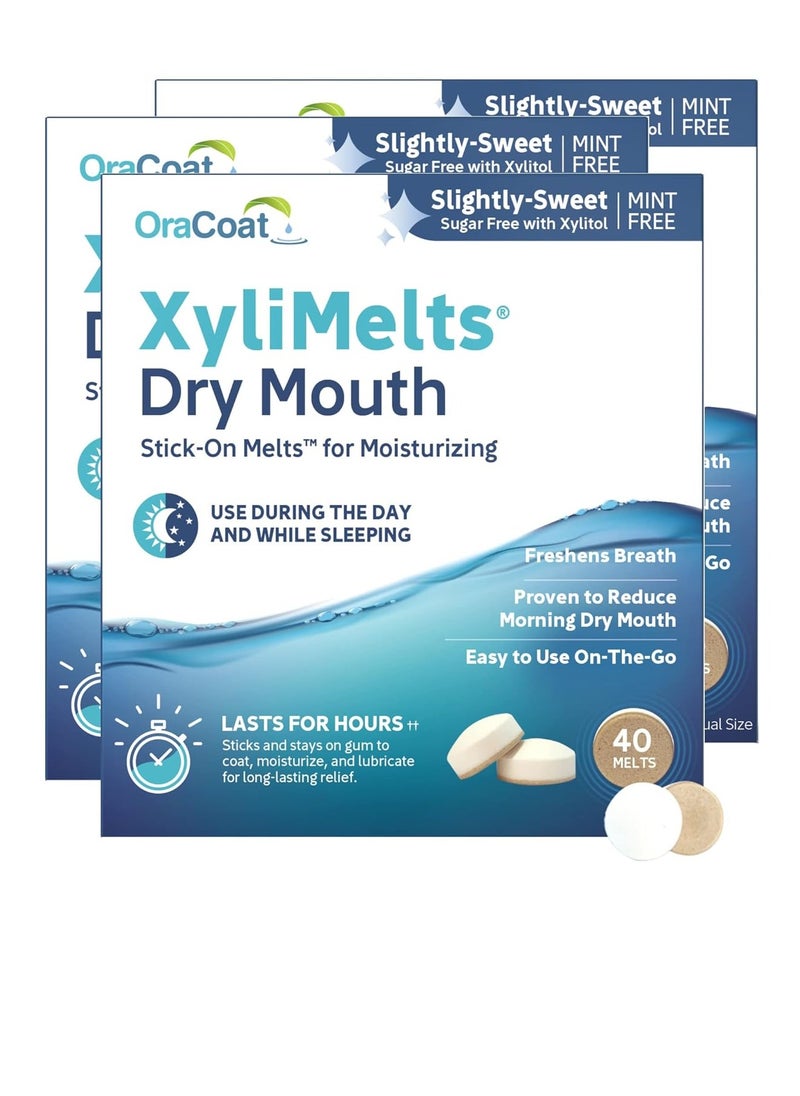 OraCoat XyliMelts Dry Mouth Relief Moisturizing Oral Adhering Discs 40 Count, 3 Pack, Slightly-Sweet with Xylitol, for Dry Mouth, Stimulates Saliva