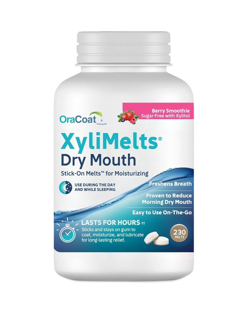 OraCoat XyliMelts Dry Mouth Relief Moisturizing Stick-On-Melts with Xylitol, 230 Count, Berry Smoothie, Helps Stimulate Saliva for Dry Mouth, Non-Acidic, Day & Night Use, Time Release for Up to 8-Hour