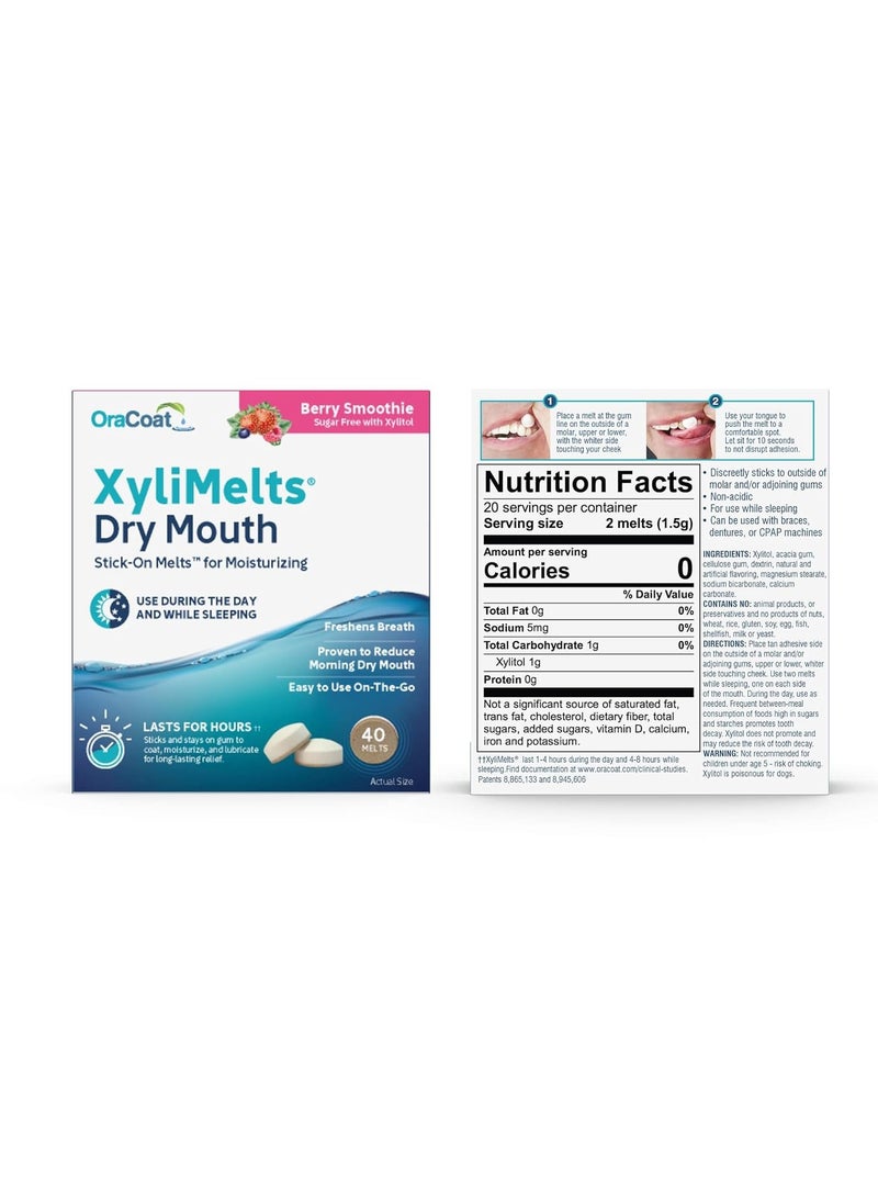 OraCoat XyliMelts Dry Mouth Relief Moisturizing Oral Adhering Discs 40 Count, Berry Smoothie with Xylitol, for Dry Mouth, Stimulates Saliva